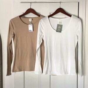 Women's Beige and White Long Sleeve Tops, two
